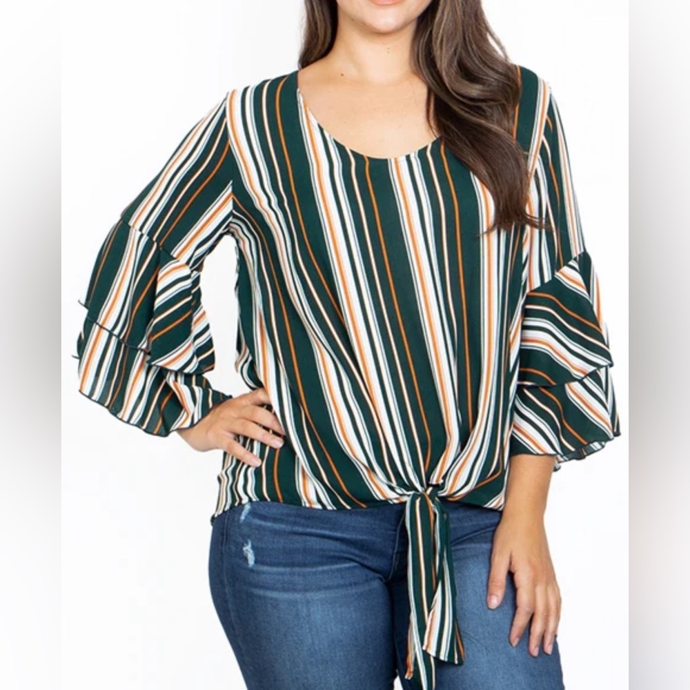 Green Stripe Bell Sleeve Top Tie Front Accent Size Large